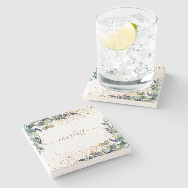 Dessous-de-verre En Pierre Eucalyptus verdure or parties scintillant nom scri (Côté)