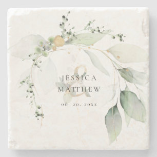 Dessous-de-verre En Pierre Eucalyptus vert moderne et or