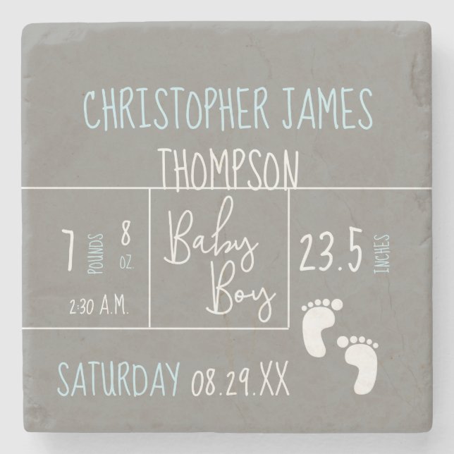 Dessous-de-verre En Pierre faire-part de naissance photo moderne Blue Grey Ba (Devant)