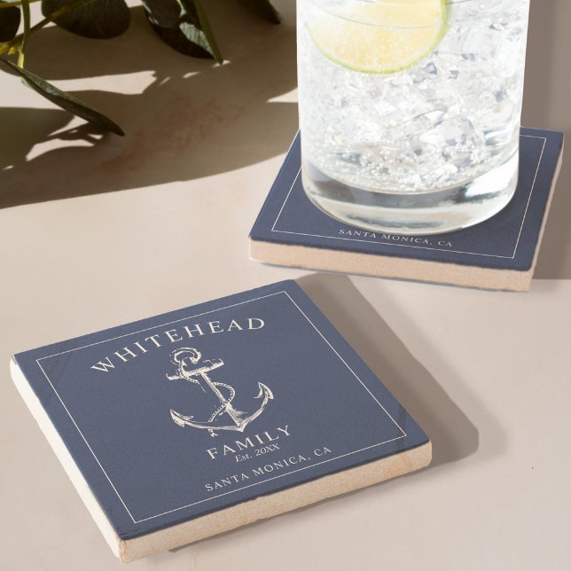 Dessous-de-verre En Pierre Famille d'Ancres bleues de la marine nautique (Elevate your dining experience with our Stone Coaster with Rustic Wood Design with Anchor)