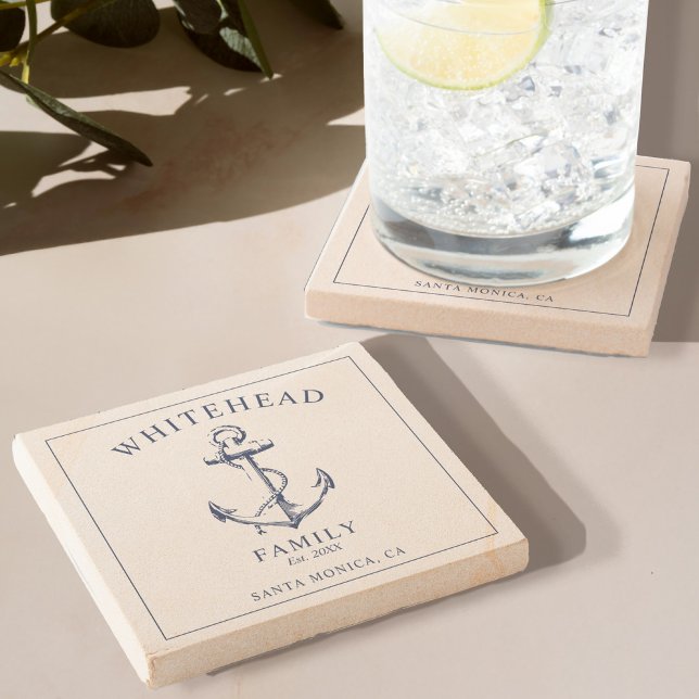 Dessous-de-verre En Pierre Famille d'Ancres bleues de la marine nautique (Elevate your dining experience with our monogram Stone Coaster with nautical anchor design )