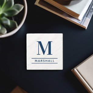 Dessous-de-verre En Pierre Famille Nom Monogramme Serif Navy Classique