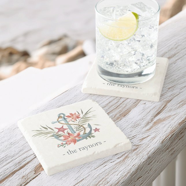 Dessous-de-verre En Pierre Famille personnalisée de vacances balnéaires Nom (Créateur téléchargé)