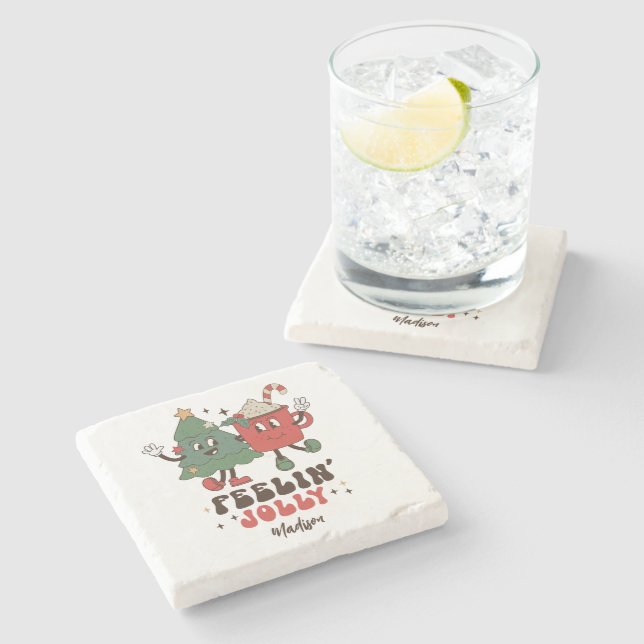 Dessous-de-verre En Pierre Feelin' Jolly Fêtes de Noël Funny Retro Nom (Côté)