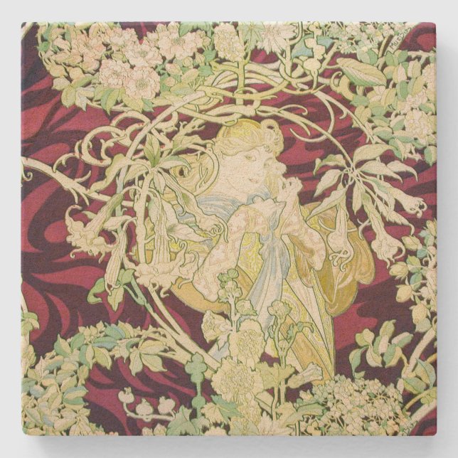 Dessous-de-verre En Pierre Femme à marguerite - Mucha daisy textile repro (Devant)