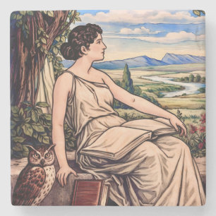 Dessous-de-verre En Pierre Femme Art nouveau lisant sous un arbre d'époque