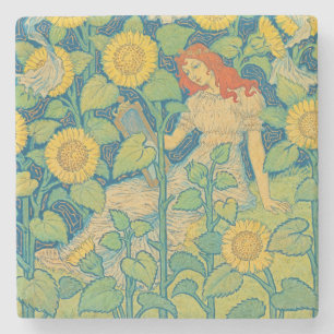 Dessous-de-verre En Pierre Femme-fille de fleurs dans le jardin de tournesol