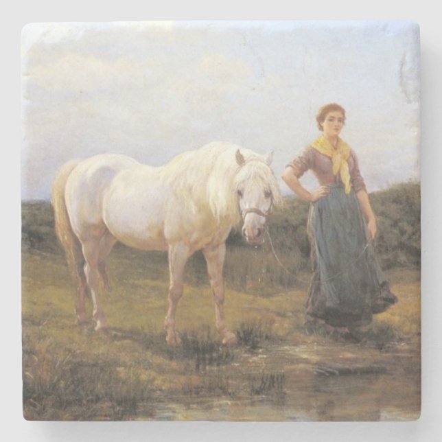 Dessous-de-verre En Pierre Femme rurale prenant un cheval blanc à l'eau (Devant)