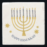 Dessous-de-verre En Pierre Festive Menorah bougies Bonne Hanoukka<br><div class="desc">Faux bougies menorah en feuille d'or pour votre fête Hanoukka. Illustration de la menorah lunaire avec des étoiles blanches recouvertes de bougies célestes sur un socle de bougies menorah en faux or. Menorah starry Hanoukka illustrés cadeaux de conception et produits en papier.</div>