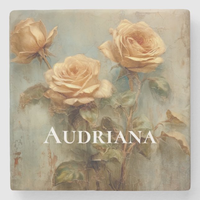 Dessous-de-verre En Pierre Fête de Mariage Florale aux Roses Pêches Romantiqu (Devant)