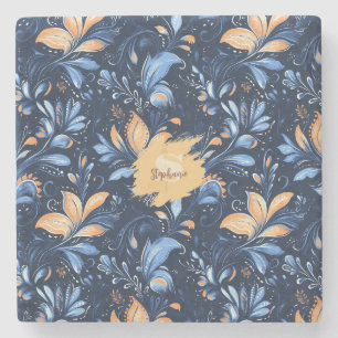 Dessous-de-verre En Pierre Feuilles Abstraits de marguerite bleu et or (3)