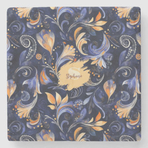 Dessous-de-verre En Pierre Feuilles Abstraits Paisley bleu et or