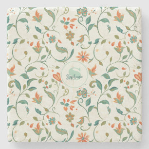 Dessous-de-verre En Pierre Feuilles bleu vintage et motifs floraux orange