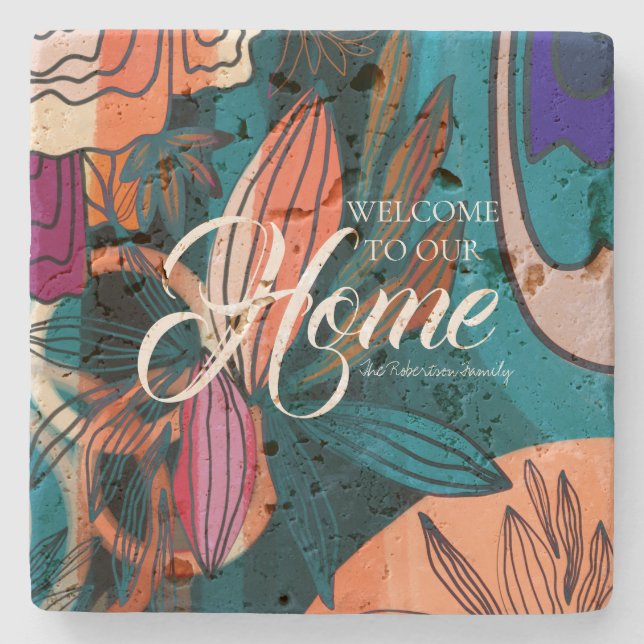 Dessous-de-verre En Pierre Feuilles botaniques de la Marine Orange Rose Artis (Devant)