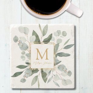 Dessous-de-verre En Pierre Feuilles tropicales vertes aquarelle Monogramme