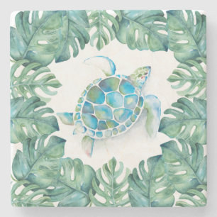 Dessous-de-verre En Pierre Feuilles tropicaux de tortue de mer et de palmiers