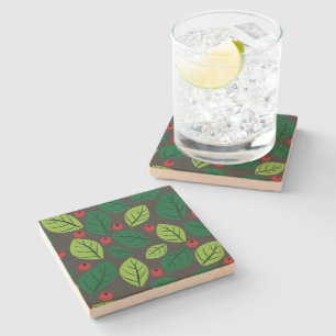 Dessous-de-verre En Pierre Feuilles verts, Berries Rouges, Motif Des Feuilles