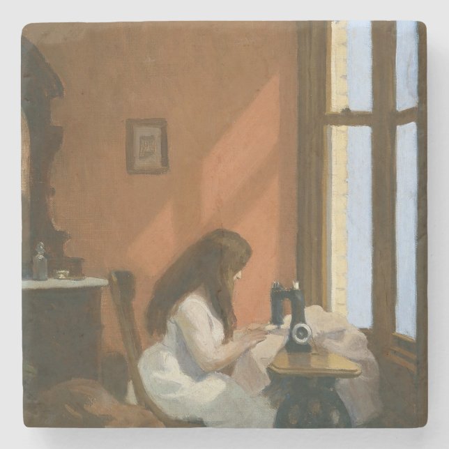 Dessous-de-verre En Pierre Fille à une machine à coudre (par Edward Hopper) (Devant)