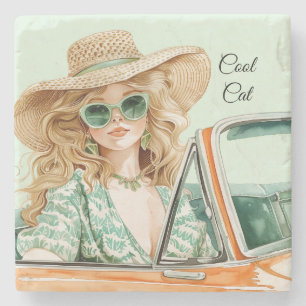 Dessous-de-verre En Pierre Fille Blonde des Années Soixante-dix Chat Cool