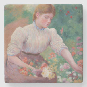 Dessous-de-verre En Pierre Fille cueillir des fleurs dans un jardin d'été