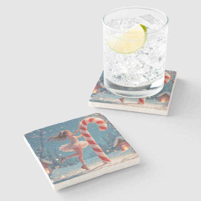 Dessous-de-verre En Pierre Fille d'anime Ballerine et Canne de bonbon de Noël (Côté)