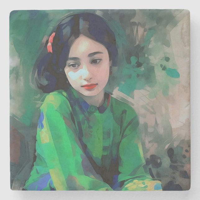 Dessous-de-verre En Pierre Fille en robe verte (Devant)