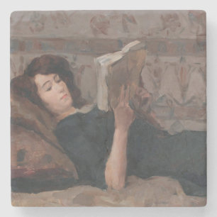 Dessous-de-verre En Pierre Fille Lire un livre (Reculer sur un Divan)