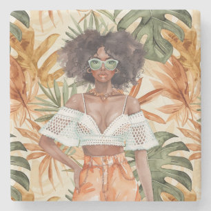 Dessous-de-verre En Pierre Fille noire des années soixante-dix feuilles verte