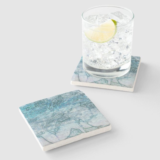 Dessous-de-verre En Pierre Fille Sirène Turquoise Vert Bleu Nautique Vagues O (Côté)