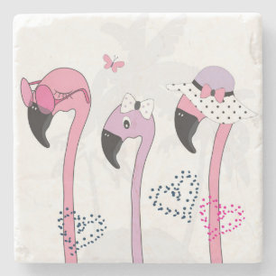 Dessous-de-verre En Pierre Flamant rose d'été : Illustration Vintage de plage