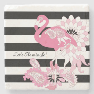 Dessous-de-verre En Pierre Flamant Rose Fantaisiste Rayures Noires et Blanche