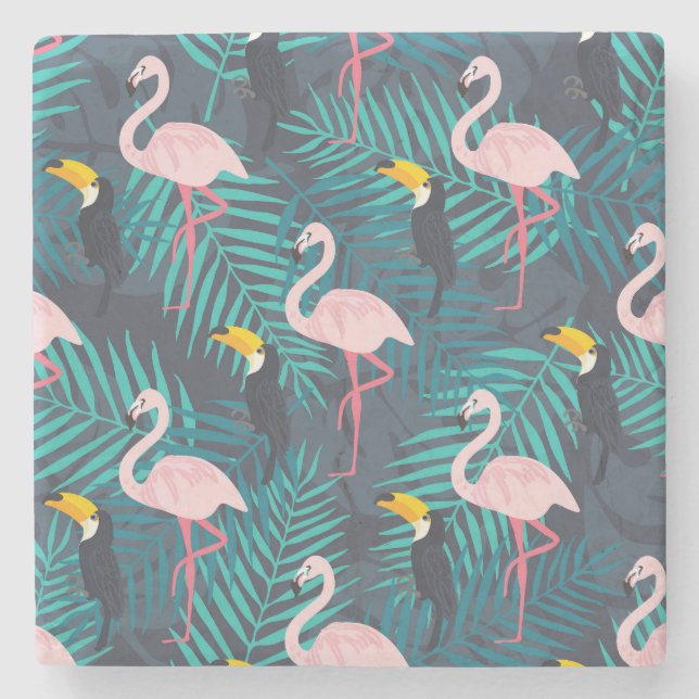 Dessous-de-verre En Pierre Flamant rose, toucan : motif de feuilles tropicale (Devant)