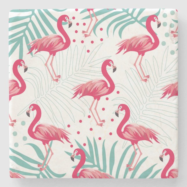 Dessous-de-verre En Pierre Flamingo tropical et feuille, motif d'été. (Devant)