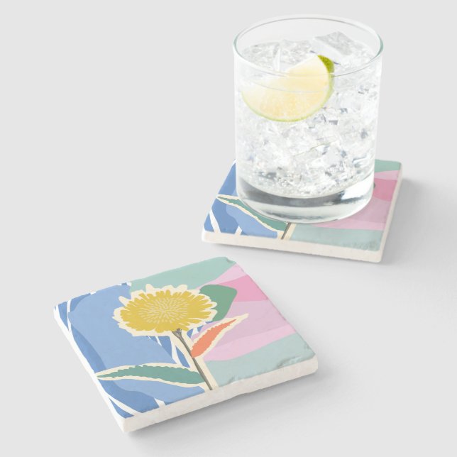 Dessous-de-verre En Pierre Fleur abstraite Dandelion Blocs de couleur Moderne (Côté)