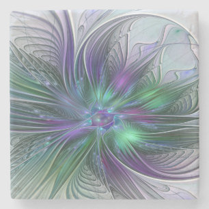 Dessous-de-verre En Pierre Fleur Abstraite Moderne Art Fractal Violet Vert