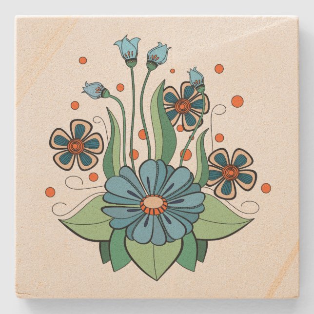 Dessous-de-verre En Pierre Fleur bleue et orange (Devant)