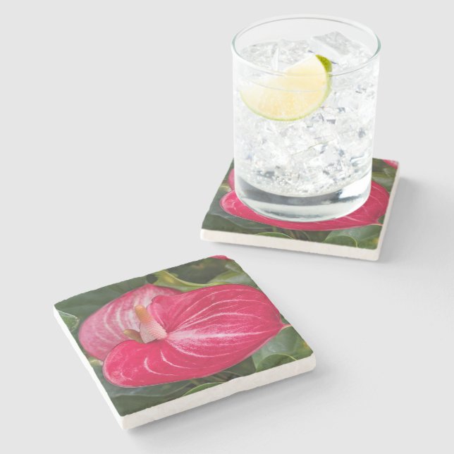 Dessous-de-verre En Pierre Fleur d'Anthurium Rouge Floral (Côté)