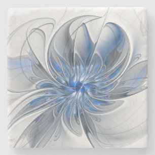 Dessous-de-verre En Pierre Fleur d'art fractal à l'aquarelle bleue grise abst