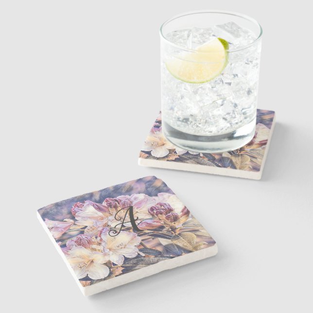 Dessous-de-verre En Pierre Fleur d'azalée violette aquarelle monogramme  (Côté)