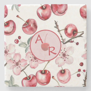 Dessous-de-verre En Pierre Fleur de cerise personnalisée et monogramme