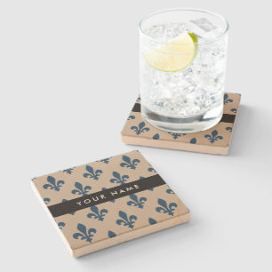Dessous-de-verre En Pierre Fleur de Lis, Bleu Marine sur Beige, Royal, Votre