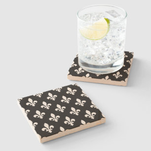 Dessous-de-verre En Pierre Fleur de Lis Motif, Royal French, Blanc sur Noir