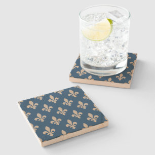 Dessous-de-verre En Pierre Fleur de Lis Motif, Royal French, Crème sur Blue