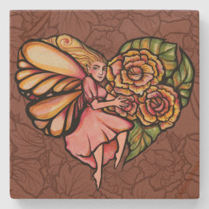 Dessous-de-verre En Pierre Fleur Fée Jardin Fleurs Coeurs Fleurs Fées