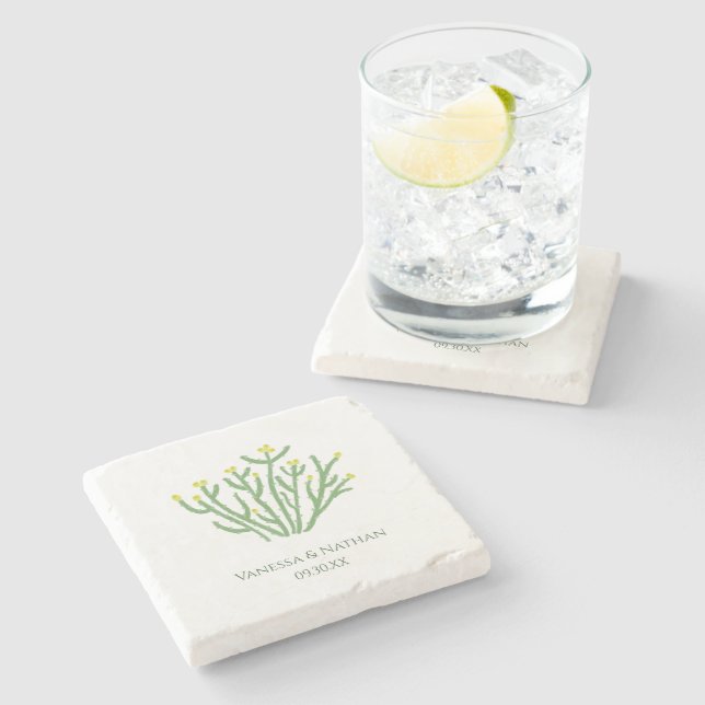 Dessous-de-verre En Pierre Fleur Jaune Cholla Cactus Mariage Faveur (Côté)