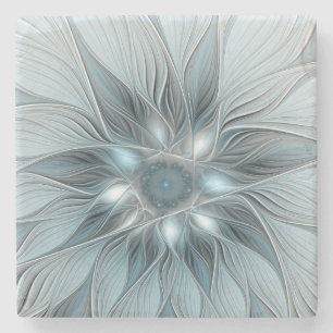Dessous-de-verre En Pierre Fleur Joyeuse Abstrait gris bleu floral Fractal