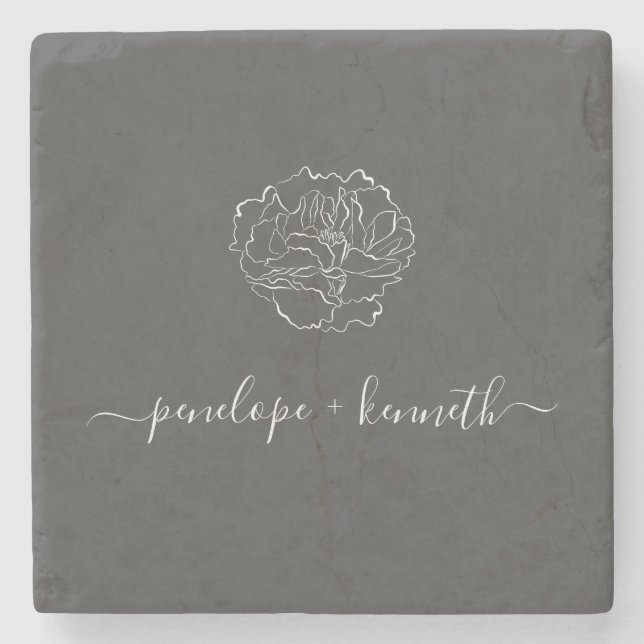 Dessous-de-verre En Pierre Fleur minimaliste noir noir blanc personnalisé (Devant)