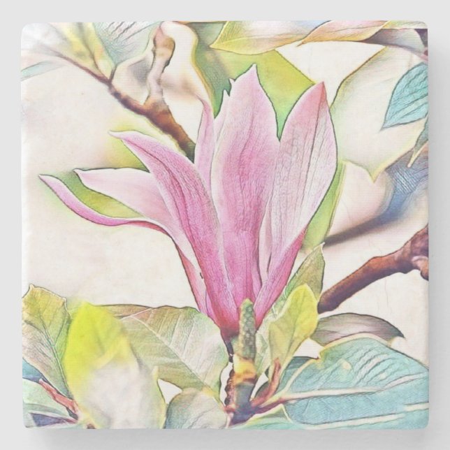 Dessous-de-verre En Pierre Fleur rose magnolia aquarelle bleu arrière - plan (Devant)