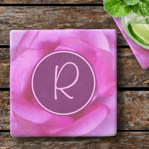 Dessous-de-verre En Pierre Fleur rose violet monogramme initial moderne