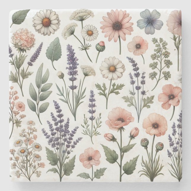 Dessous-de-verre En Pierre Fleur sauvage Aquarelle Design Printemps & Été (Devant)